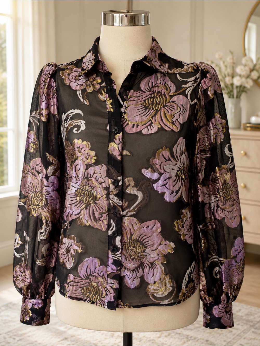 Boston Proper Dark Bohemian Metallic Floral Blouse — Size Medium - Picture 7 of 9